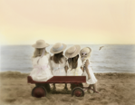 photograph of girls on wagon